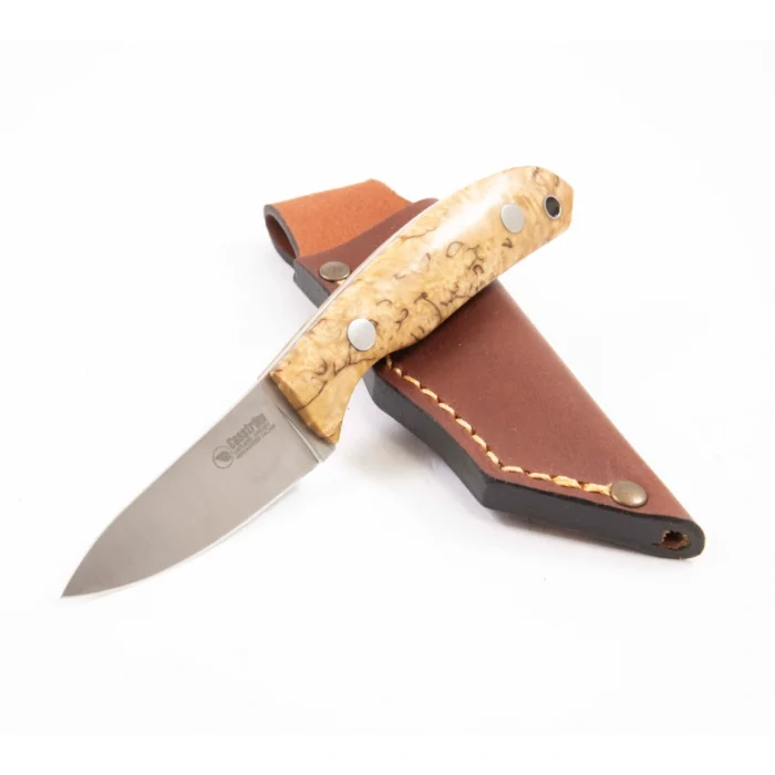 A Casström Safari Mini Hunter with curly birch handle orthogonal view, with a sheath.