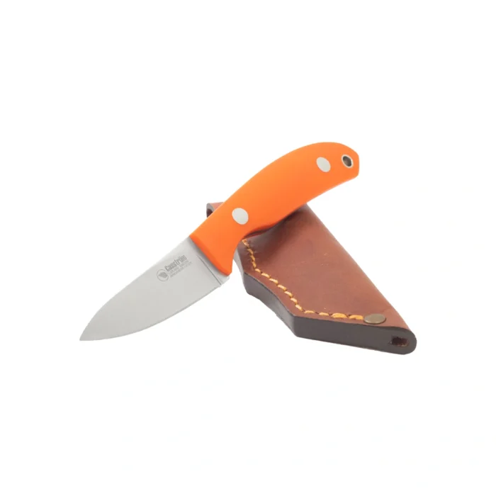 A Casström Safari Mini Hunter with orange g10 handle orthogonal view, with leather sheath.