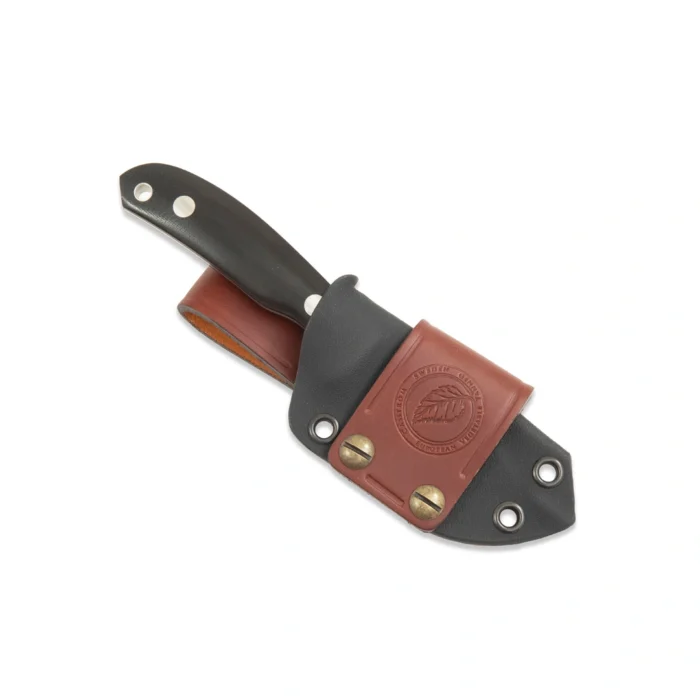 A Casström Short Belt Hanger in cognac colour attached to a knife sheath.